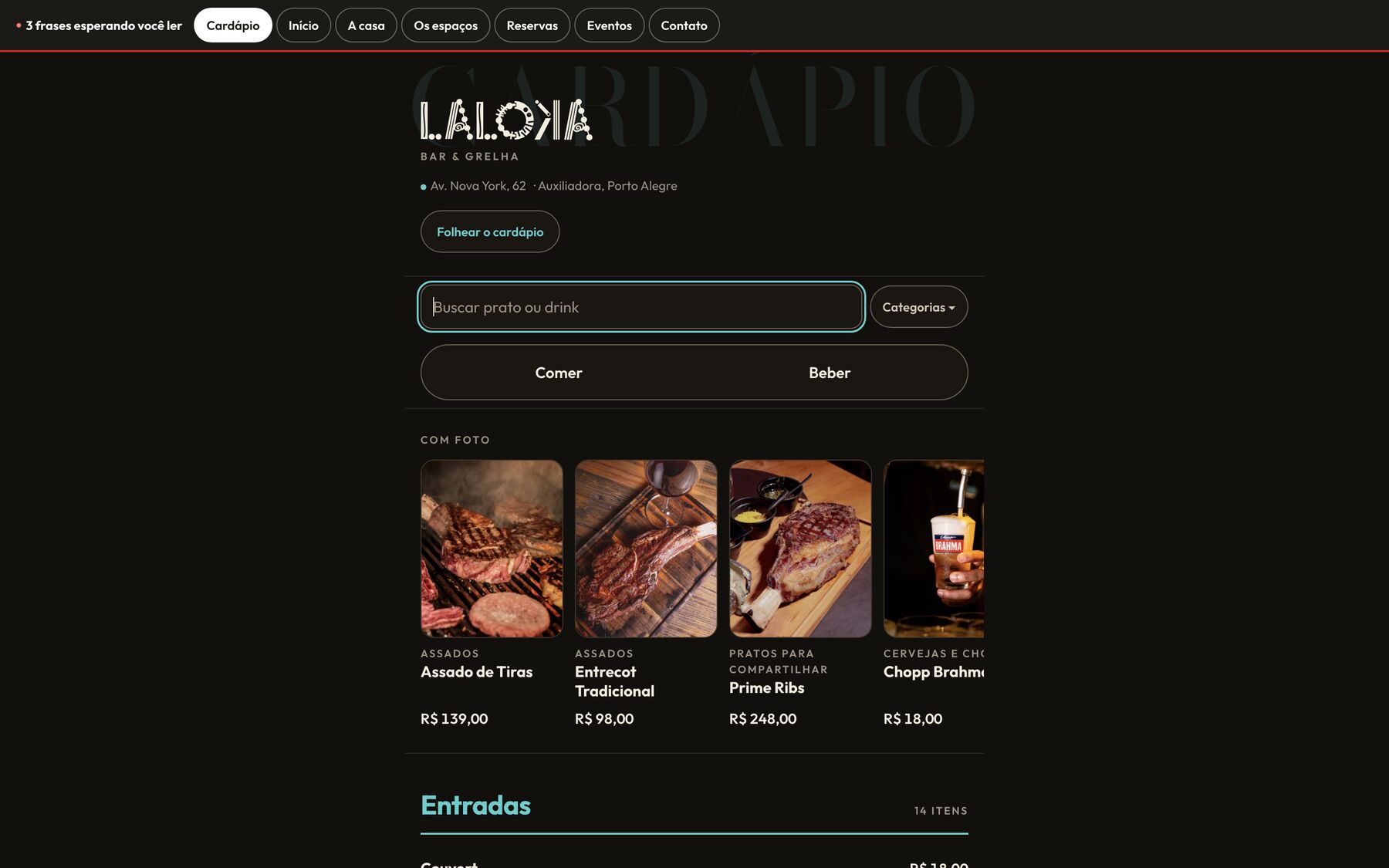 Cardápio digital do LaLoKa, bar e parrilla em Porto Alegre, lido por QR na mesa.