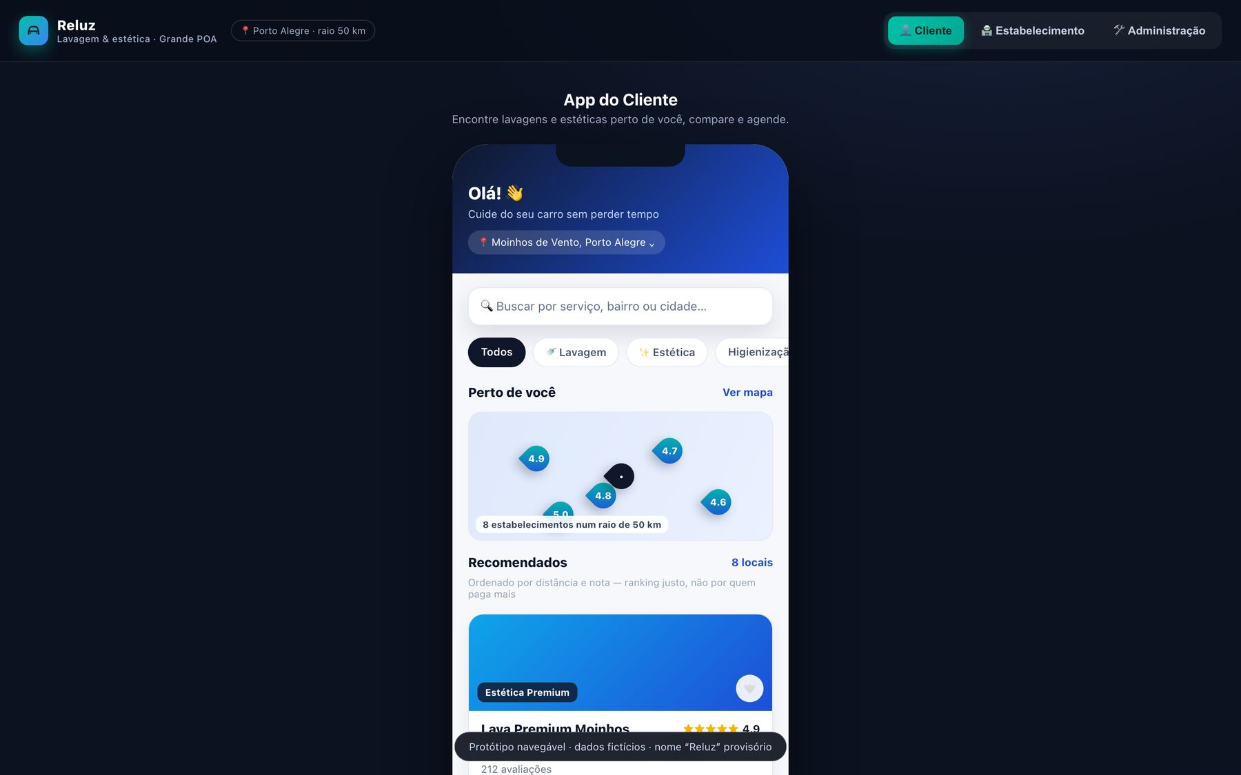 Reluz: protótipo navegável do marketplace de lavagem e estética automotiva.